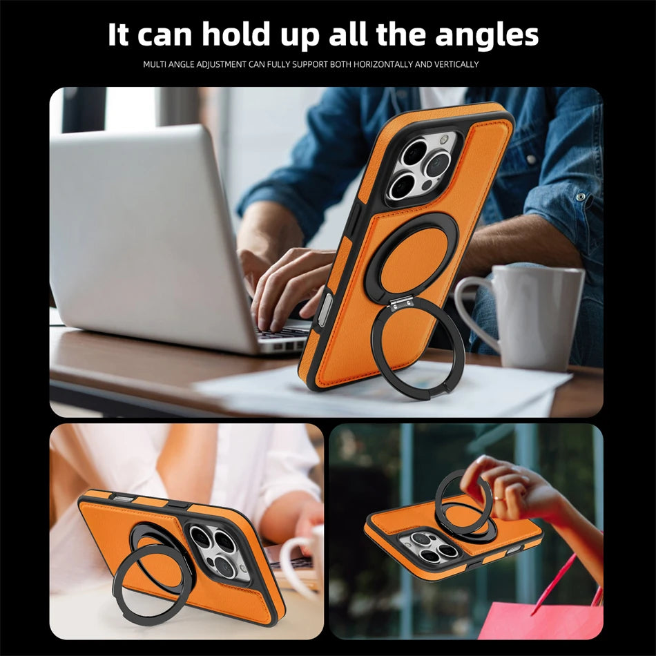 MagSafe PU Leather Rotating Ring Case